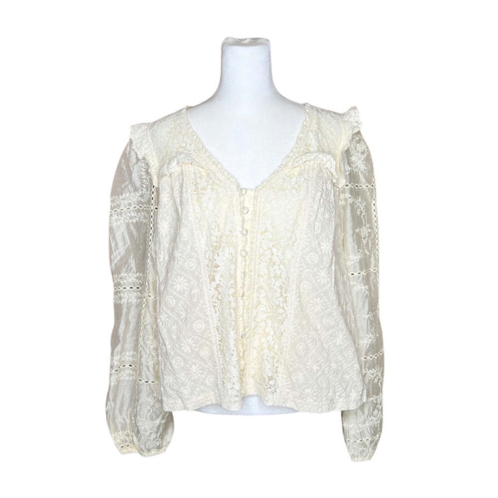 Womens Cream Lace Blouse L Eyelet Ruffled Cottagecore Boho Soft Girl Edwardian